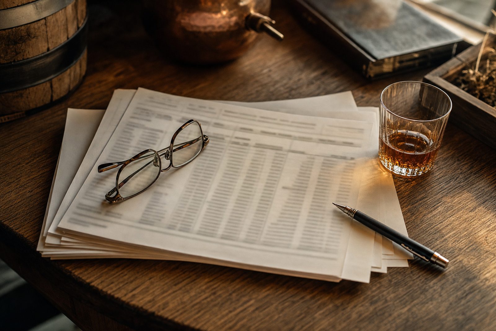 A printed distributor depletion spreadsheet on a desk beside a glass of bourbon