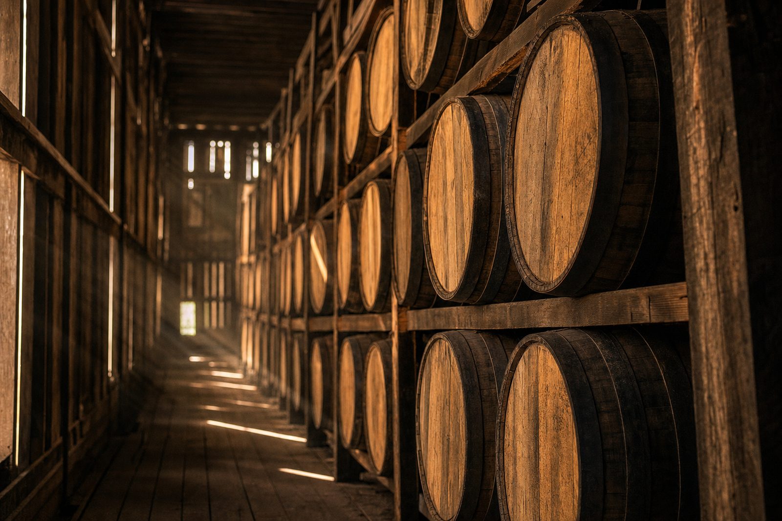 A rickhouse aisle of stacked bourbon barrels, warm light from a high window