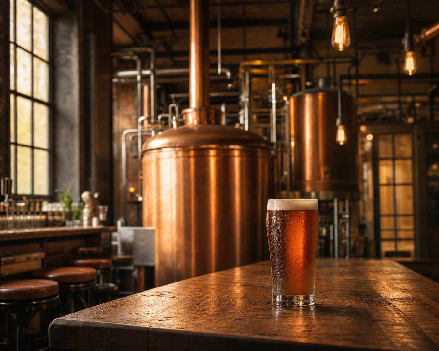 Copper brewhouse tanks and taproom bar in a craft brewery