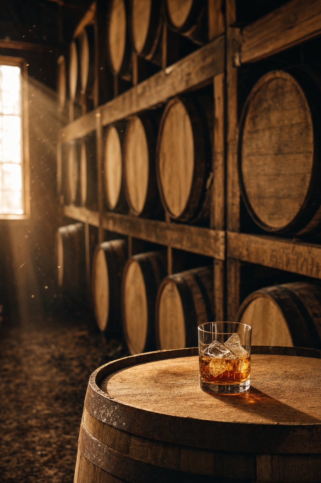 Aged oak bourbon barrels in a craft distillery rickhouse