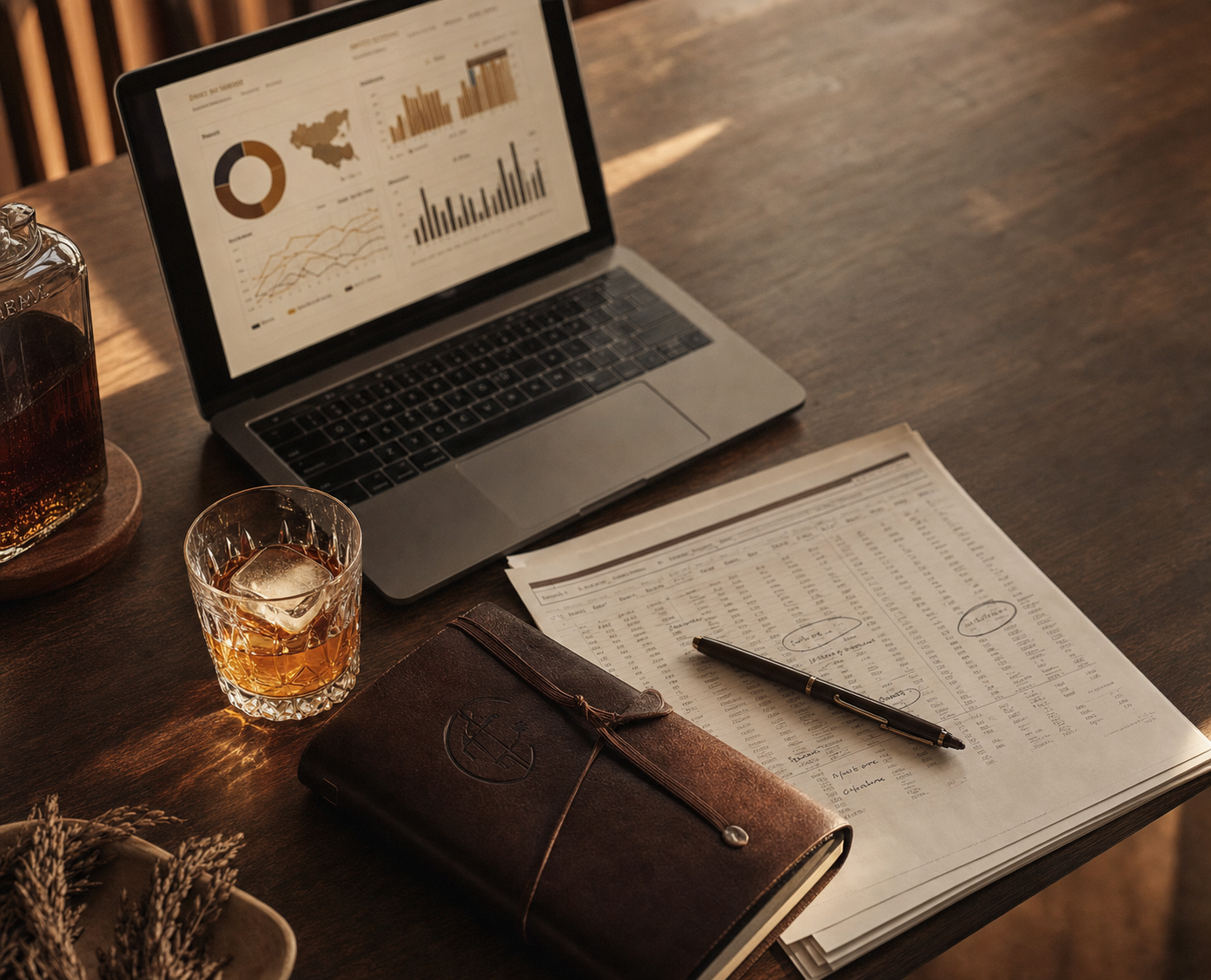 Distillery owner desk with laptop showing DepletionIQ dashboard, bourbon glass, and distributor spreadsheet