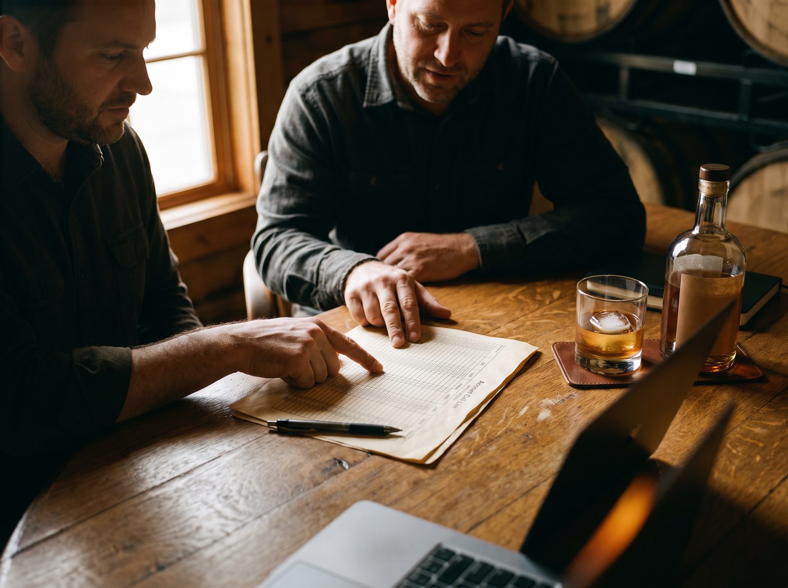 A craft distillery owner and distributor rep reviewing a printed account call list together at an oak table