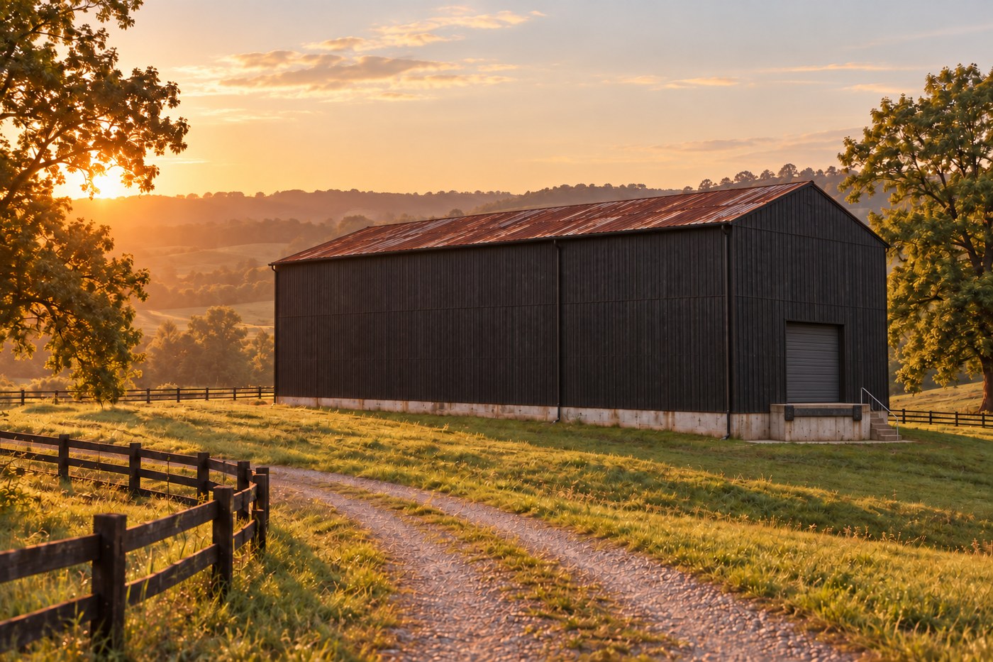 Black-sided whiskey warehouse with a rusted metal roof on a Kentucky hillside at sunset