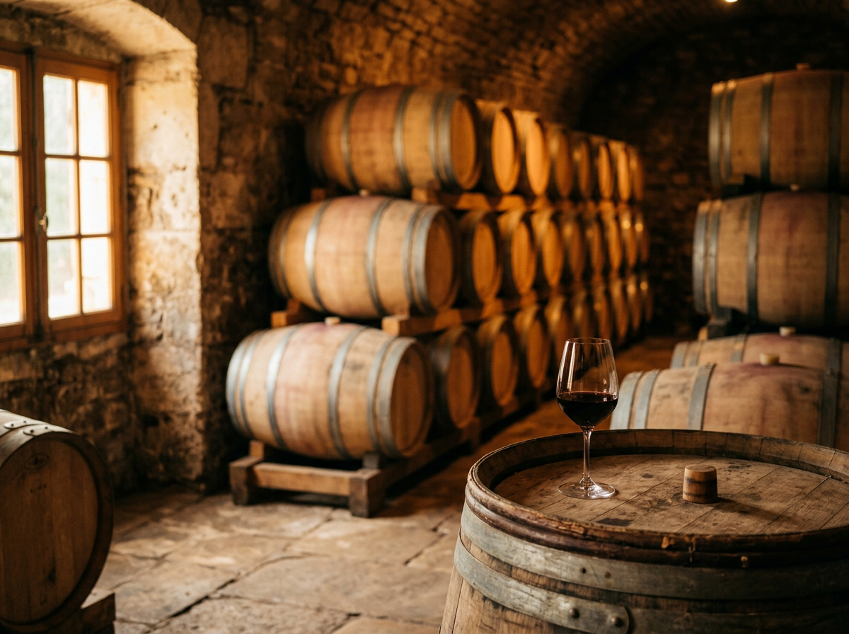 Oak wine barrels stacked in a stone-walled winery cellar